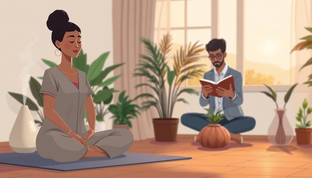 A calm indoor setting where people journal and practice mindfulness together
