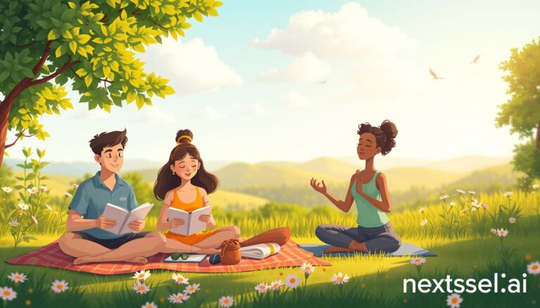 People practicing self-exploration outdoors in a green, open setting